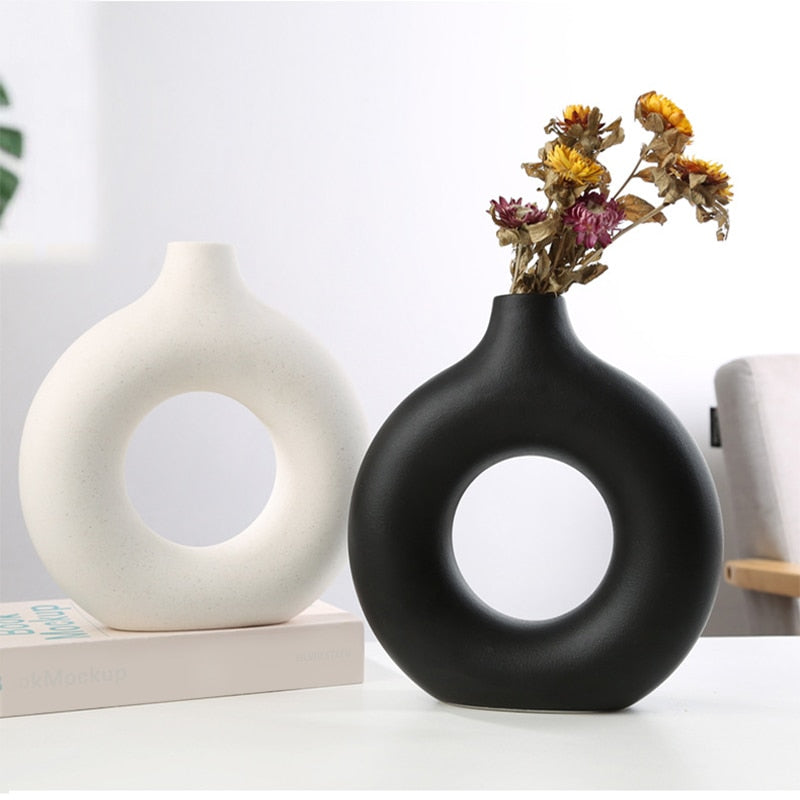 Ceramic Vase Round Hollow Donut Flower Pot Nordic Style Vase Home